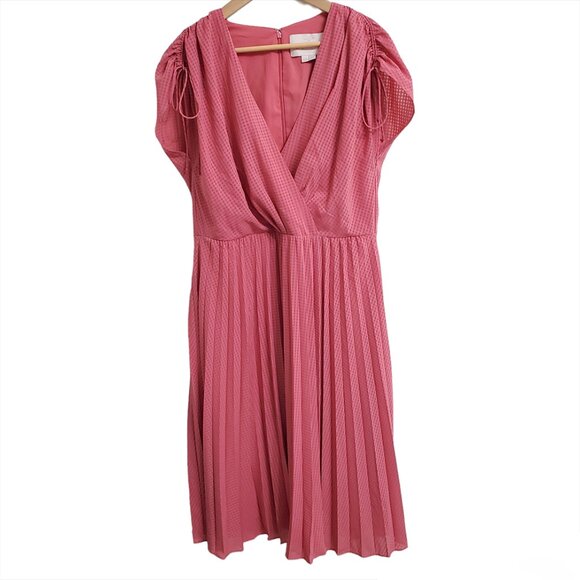 Gal Meets Glam Women Angelica Pleated Midi Dress 14 Pink Faux Wrap Shoulder Ties - Picture 2 of 11